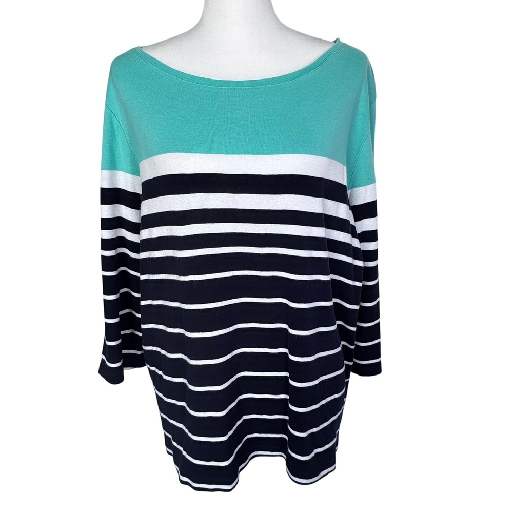 TALBOTS Women's 2X Petite Pima Cotton Teal Navy Striped Boat Neck 3/4 Sleeve Top